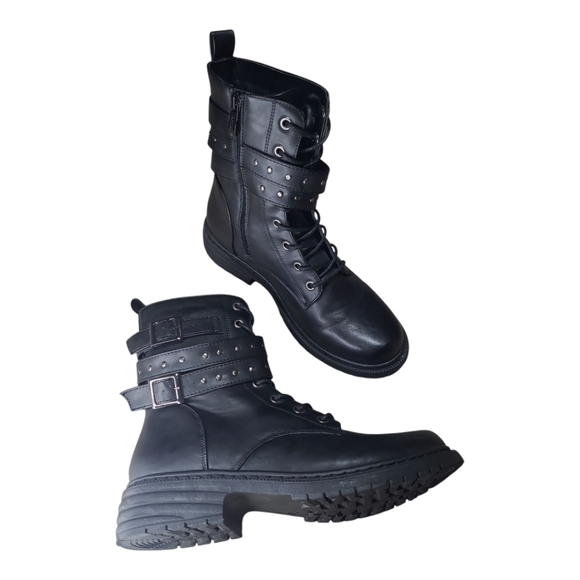 Wanted Dynamic Black Studded Side Zip Buckle Combat Boots Size 8 - Picture 3 of 14